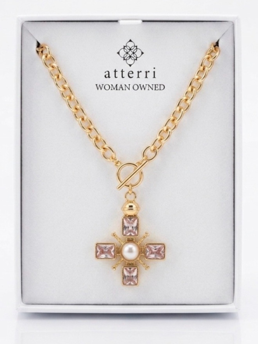 NWT ⚜️🤍⚜️ ATTERRI Gold Toned Necklace with Cubic Zirconia Cross Pendant